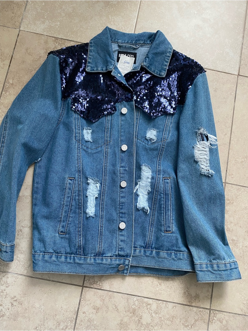 Sequin-Yoke Distressed Denim Jacket - Blue by Bee & Ceci